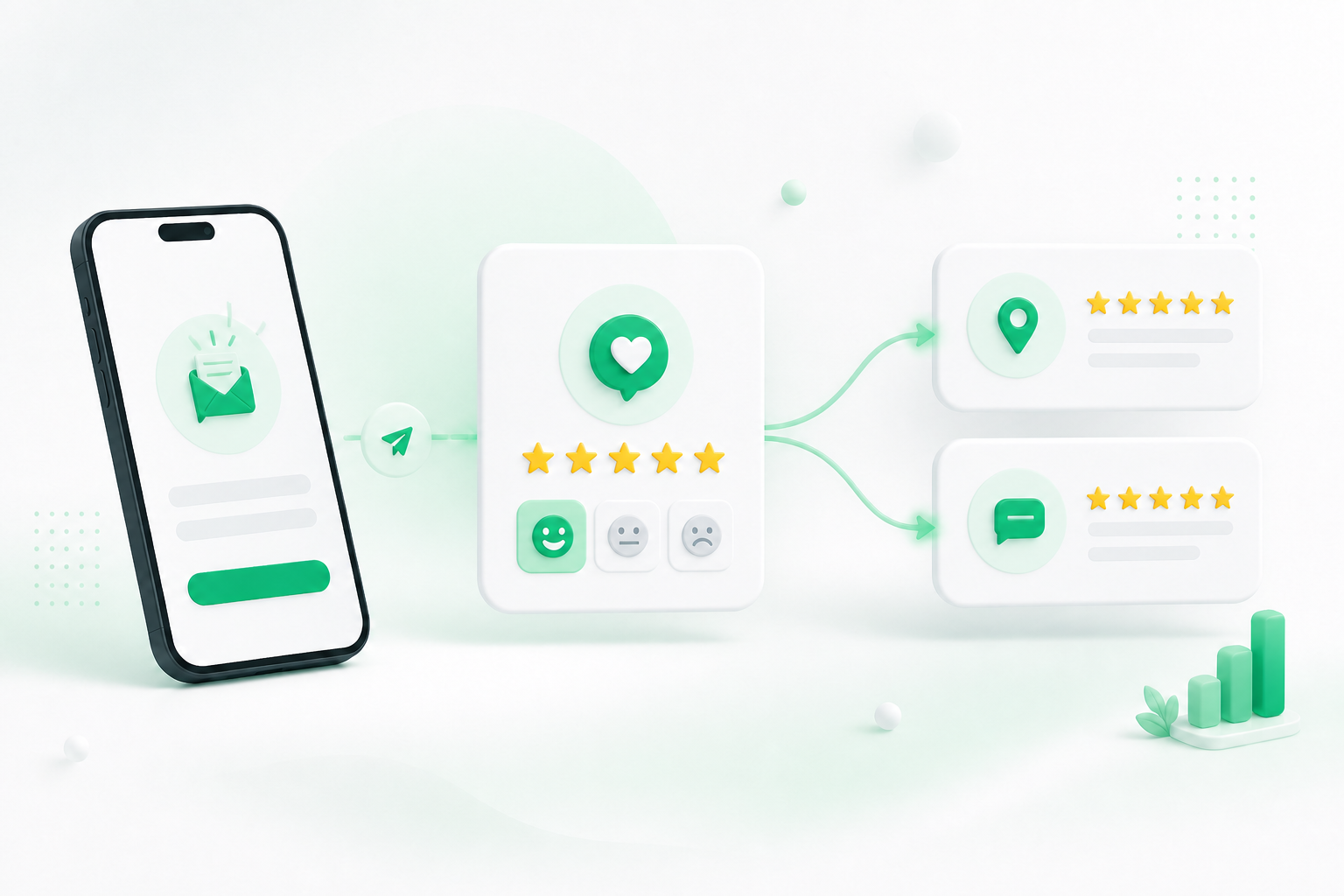 Illustration of a review request becoming five-star public feedback